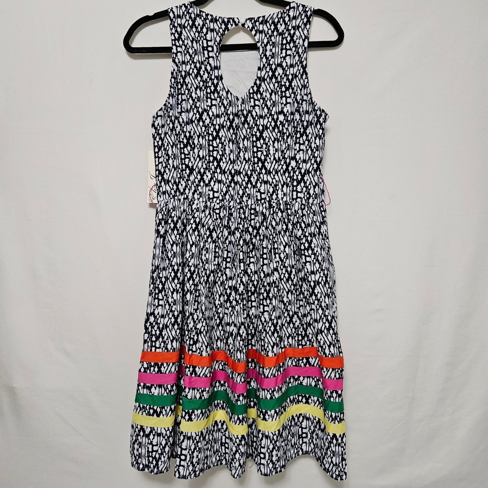 Eliza J Black White Abstract Midi Dress Colorful Stripe Hem Size 8 NWT - Picture 2 of 9